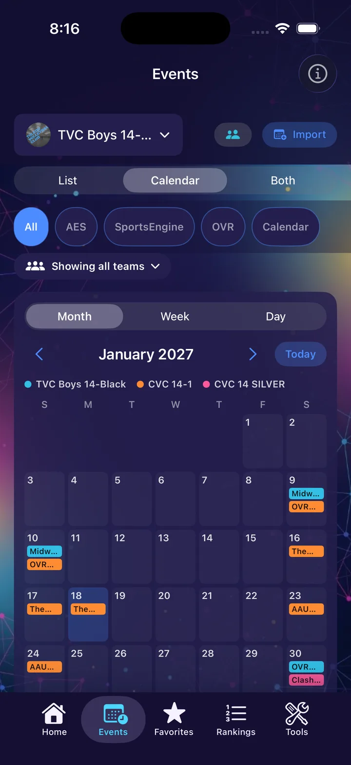 Events calendar in month view with tournaments marked on their dates