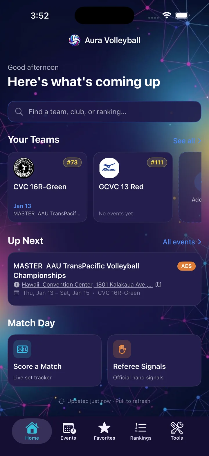 Home dashboard with your teams and next events