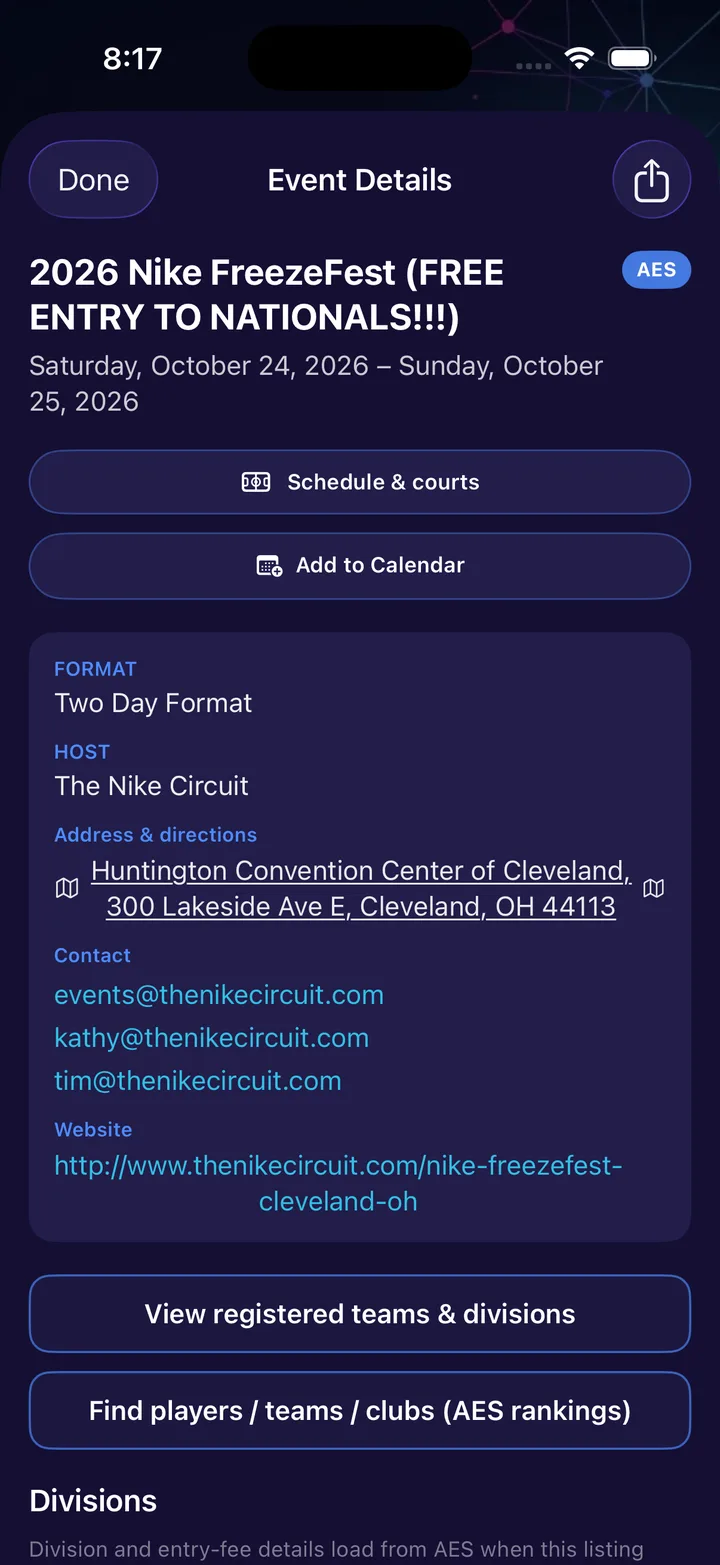 Event details for a tournament with dates, venue address, host contacts and a Schedule and courts button