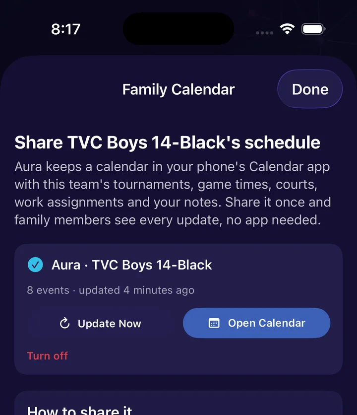 Family Calendar screen offering to share a team's schedule through the iPhone Calendar app