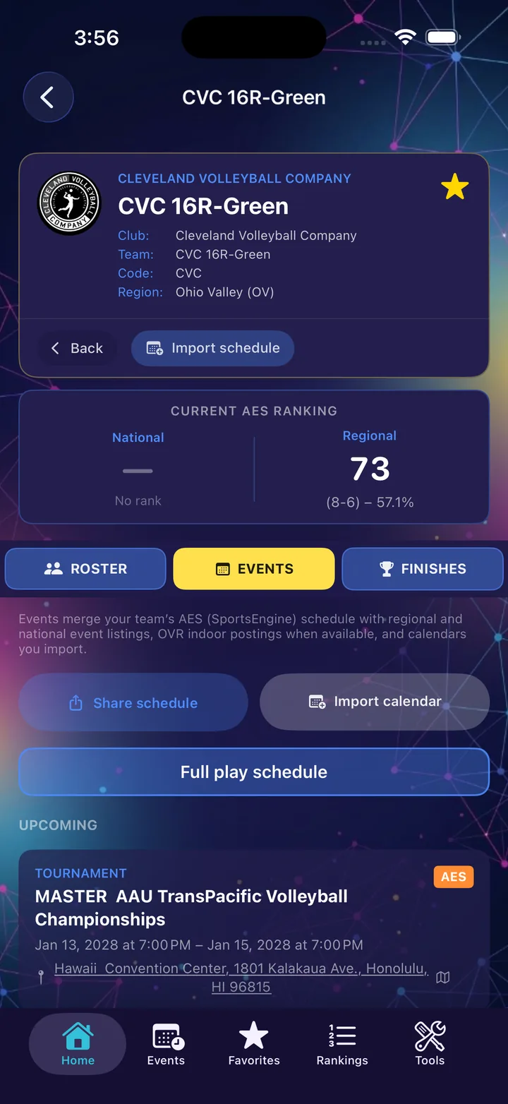 Team detail with tournament schedule and events