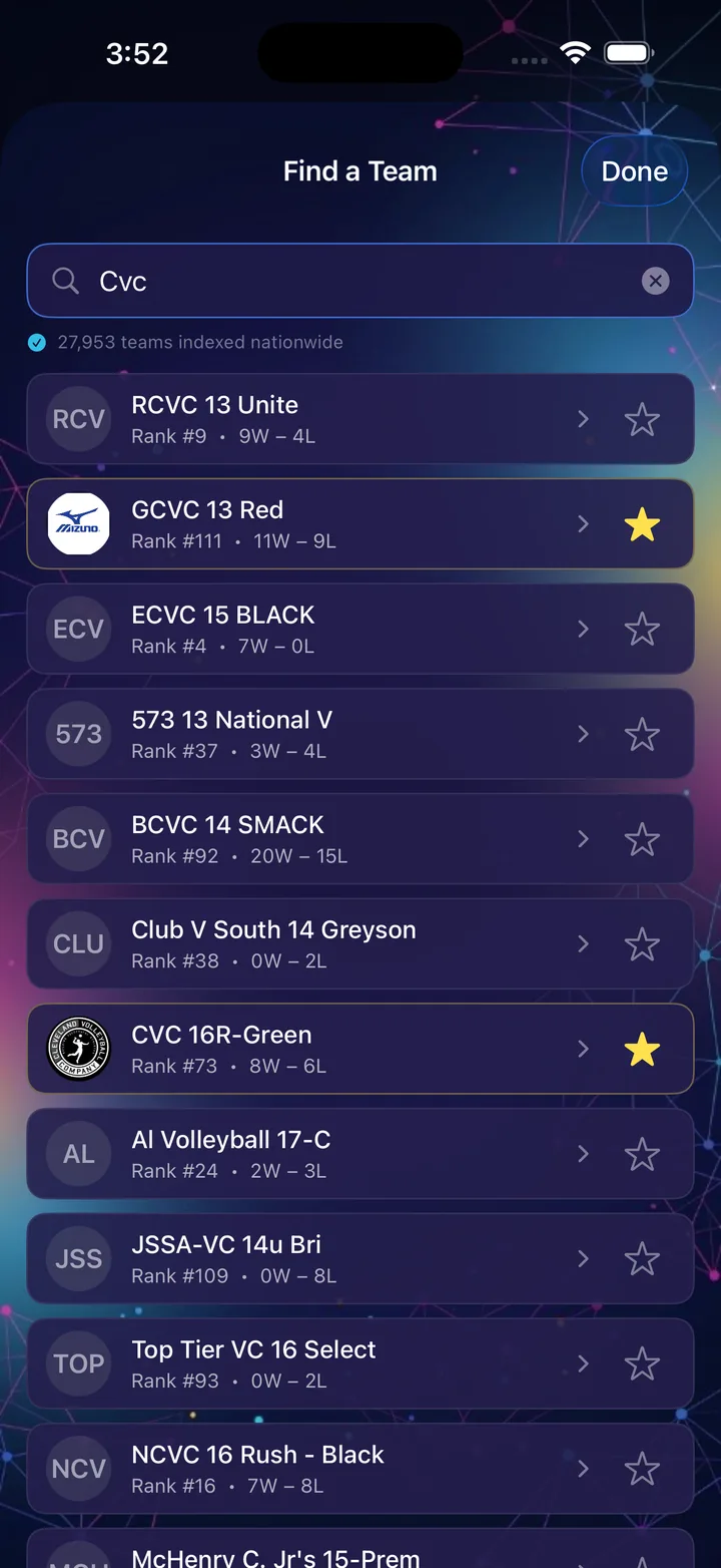 AuraVolleyball team search showing ranked club teams