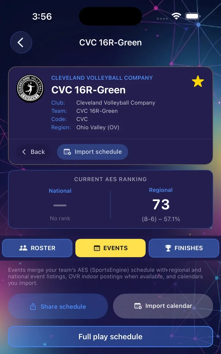 Team page for CVC 16R-Green showing club, region, regional rank 73 and buttons for roster, events and finishes